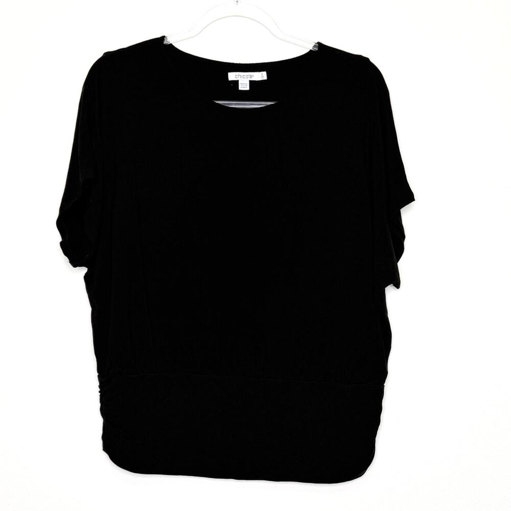 CHICO'S Touch of Cool Ruched Banded Hem Top Dolman Sleeve Black Womens Size L - Picture 3 of 9